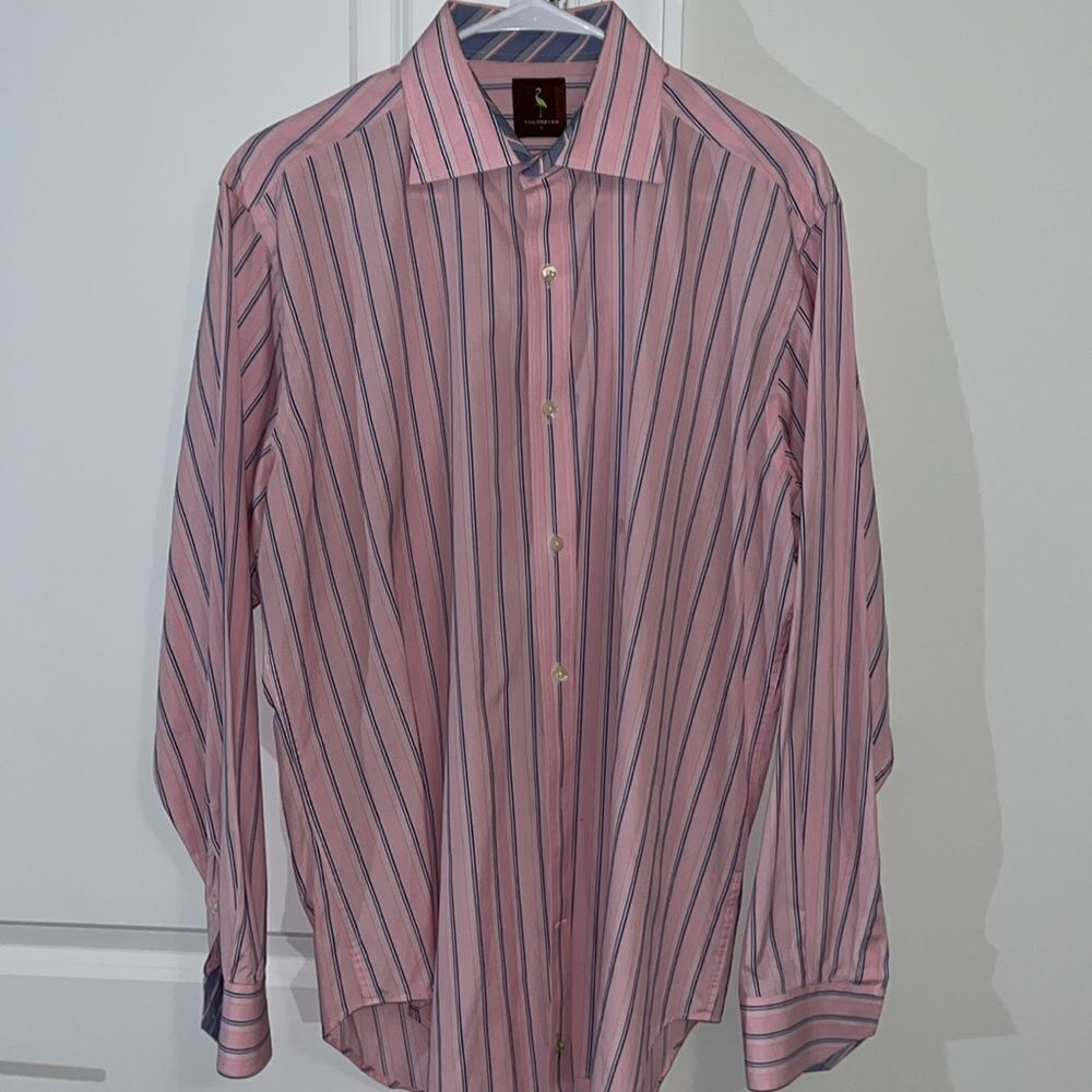 Beautiful Pink Blue stripe Tailorbyrd LS Party Button down shirt L w/ marks back